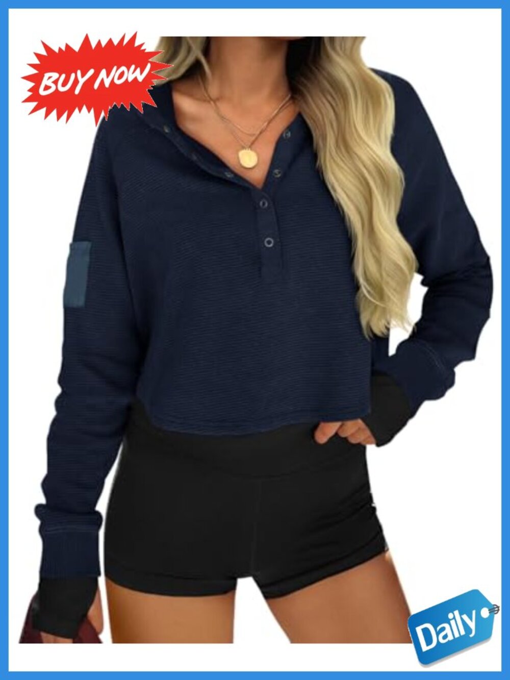 Womens Cropped Sweatshirt Henley Neck Snap Button Long Sleeve Ribbed Loose Fit